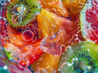 A close up of a colorful bowl filled with fruit and bubbles. Generative AI.
