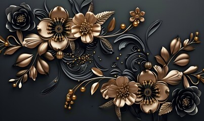 3d mural illustration background with golden jewelry and flowers, in black decorative wallpaper, Generative AI