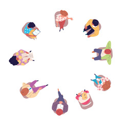 Naklejka premium Above sitting circle people. Sit employee corporate group or addiction person club top view, psychological therapy session work team discussion