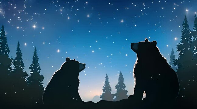 Painted silhouette of two brown bears against the starry sky with an empty space for the text	
