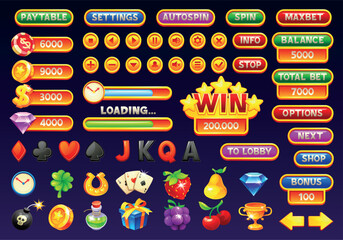 Mobile casino interface. Game slot interface, gambling progressive application digital menu ui icons button header window panel, cartoon poker jackpot neoteric vector illustration