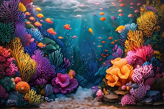 A vibrant painting depicting underwater marine life, including colorful corals and various fish species