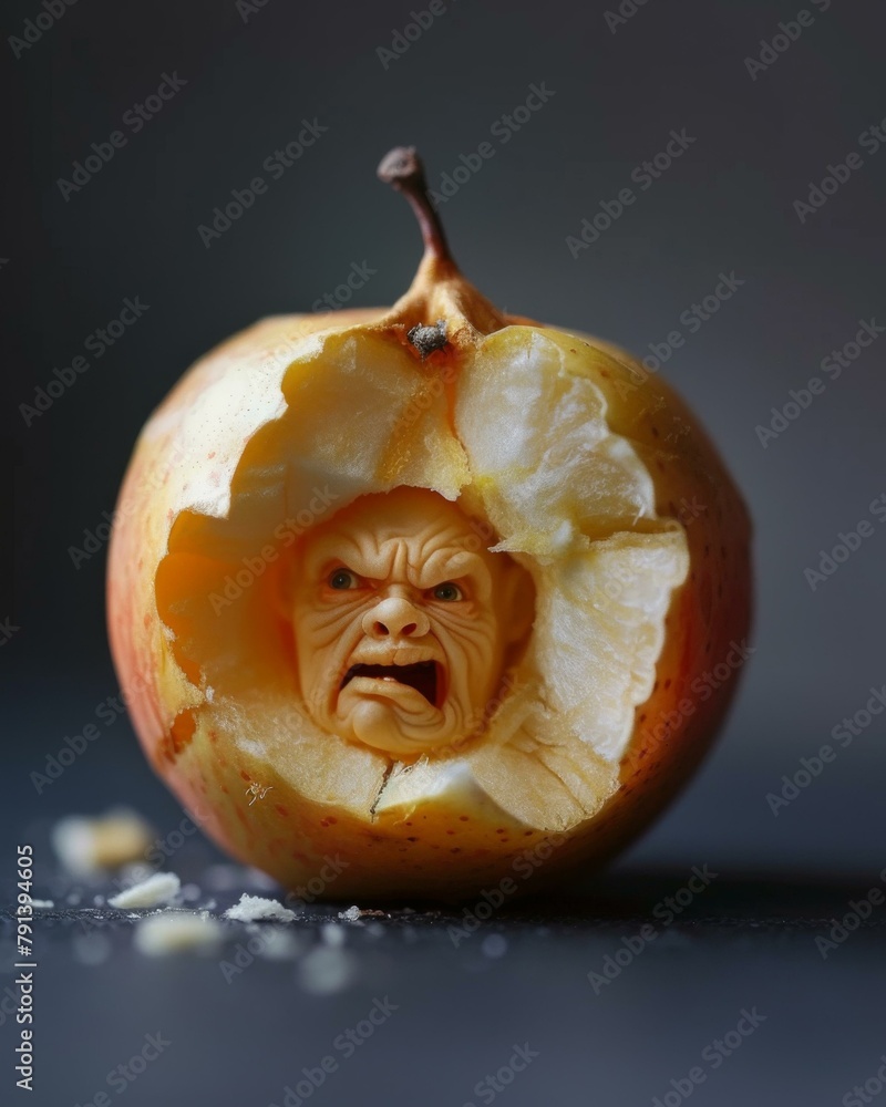 Poster a close up of a face carved into an apple. generative ai.