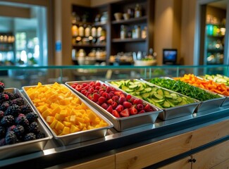 A buffet of fruits and vegetables are displayed in trays. Generative AI.