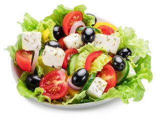 Greek salad  close up on white abcground. File contains clipping path. Flat lay or top view.