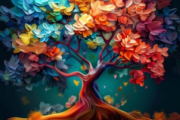 3d abstraction wallpaper for interior mural wall art decor, colorful tree graphic design, Generative AI