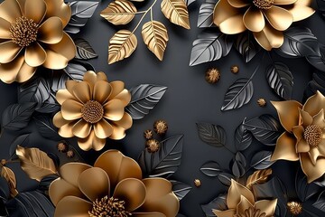3d mural floral wallpaper. golden and black flowers and leaves. 3d render background wall decor. Generative AI