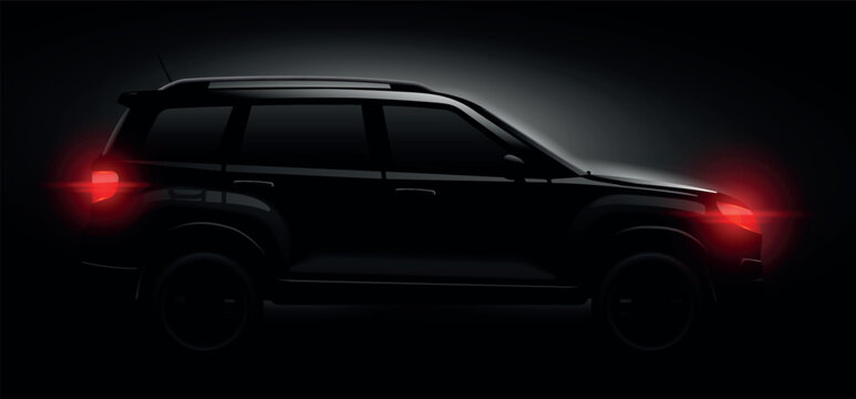 Realistic suv silhouette. Black suvs luxury hide 4x4 car, glow headlight taillights in night dark road adventure auto service abstract drive