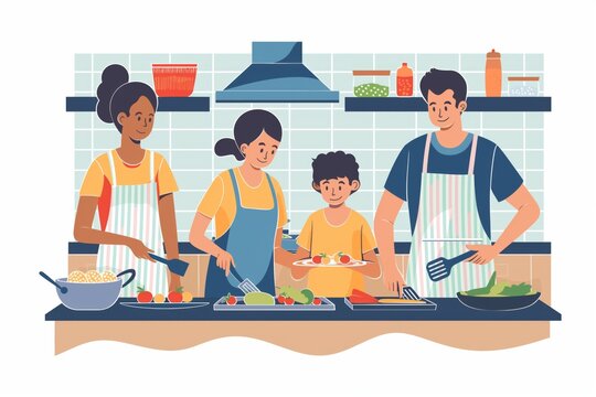 Illustrated family cooking time in a colorful kitchen at home. Showcasing diversity and togetherness. As parents and children bond over meal preparation. In a domestic culinary activity