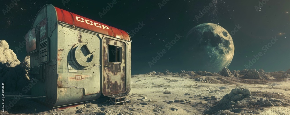 Poster a red and white building on the moon with a large rock in front of it. generative ai.