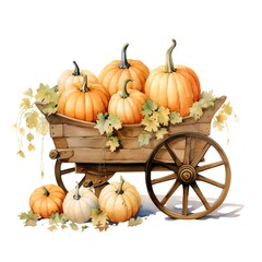 Harvest of pumpkins in a wooden cart. Watercolor illustration.
