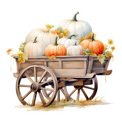 Watercolor illustration of a wooden cart with pumpkins and autumn leaves isolated on white background
