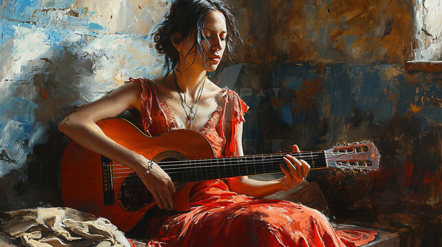 Stunning Oil Painting Liquid Art of A Gorgeous Woman Guitar Player Playing Guitar