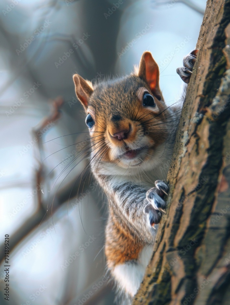 Poster a squirrel peeking out from behind a tree trunk. ai.
