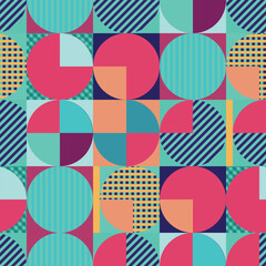 Vibrant geometric seamless pattern featuring circles and squares in shades of pink red orange and aqua on an azure background. This colorful design is perfect for textile prints or art projects - 791395214