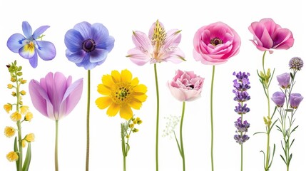 Assorted Pressed Flowers and Leaves Arranged on White Background. Flat lay view of colorful flowers and green leaves artistically arranged on a clean white background, perfect for crafting and decor.