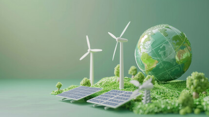 Clean energy concept on World Environment Day or International Day of Forests concept tree and earth globe with solar cell panel with windmill on nature background. generative ai
