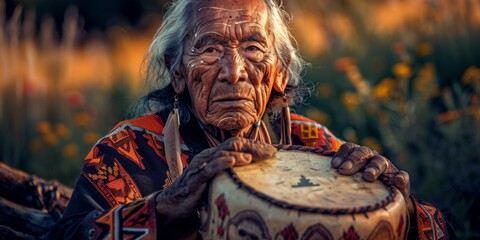 An old man with a drum in his hands. AI. - Powered by Adobe