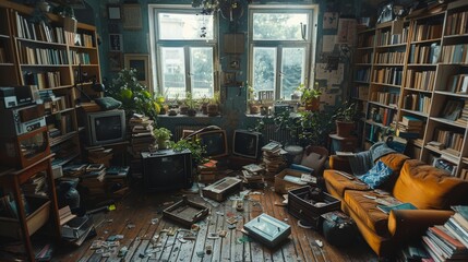 A cozy, cluttered vintage living room with bookshelves, retro TVs, and a mustard sofa