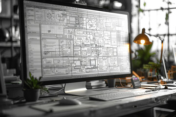 Wireframes outlining the structure and layout of a new software interface, focusing on content hierarchy and navigation flow. Concept of UX/UI design. Generative Ai.