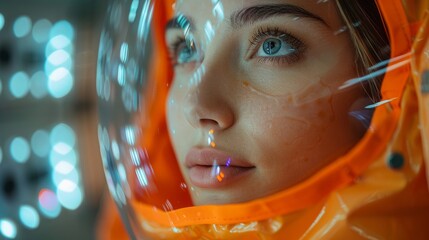 A woman gazes intently with clear blue eyes, her face framed by an orange astronaut helmet