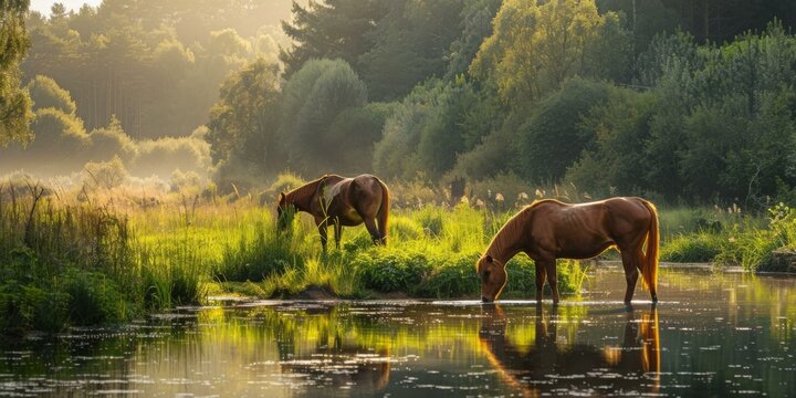 Two horses drinking water from a stream in the woods. AI.