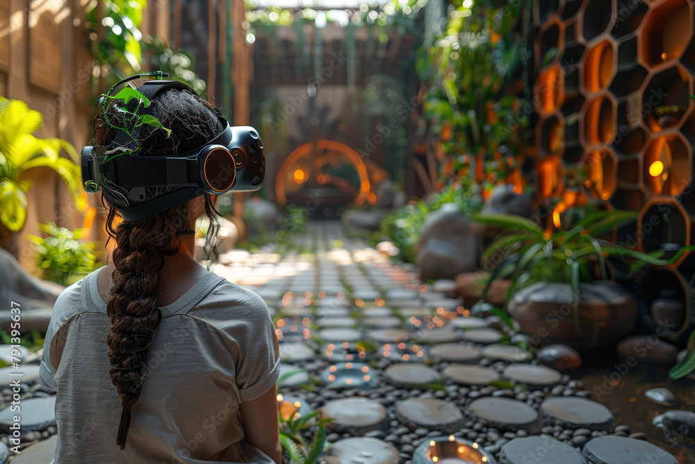 Poster virtual reality simulations allowing users to experience immersive environments and interact with el