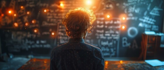 A woman looking at a chalkboard with lights shining on it. AI.