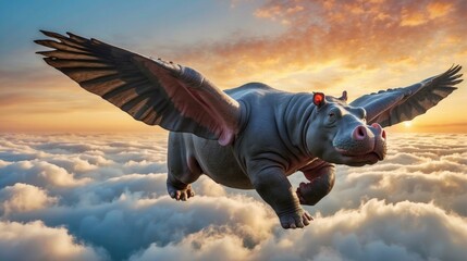 A hippo flying above clouds with wings spread. AI. - obrazy, fototapety, plakaty