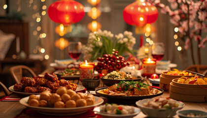 Festive table served for Chinese New Year celebration in dining room