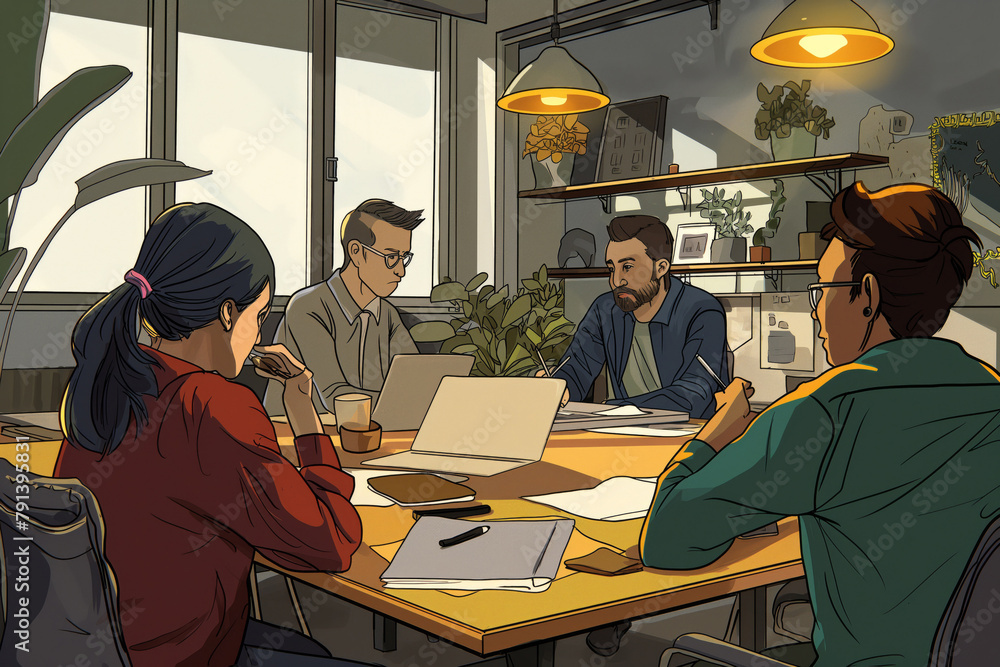 Poster diverse group of young professionals collaborating in a modern office during a startup team brainsto