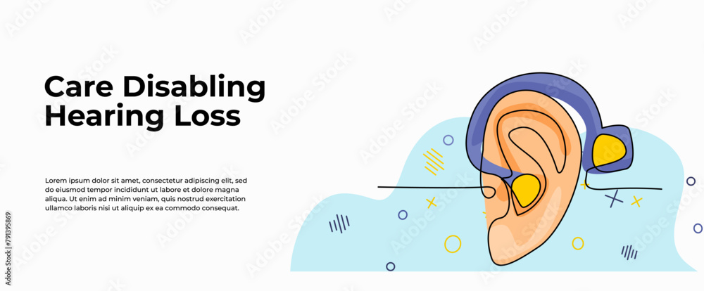Poster vector illustration of ear using aids. modern flat in continuous line style.