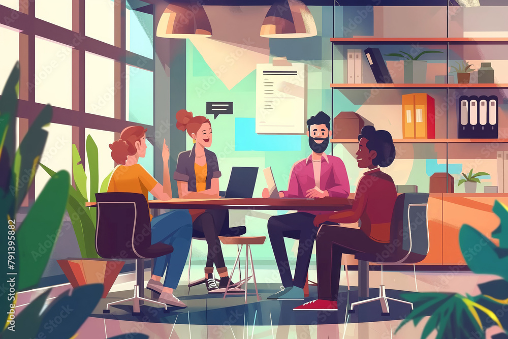 Poster illustration of a diverse startup team engaged in a collaborative brainstorming process in a modern 