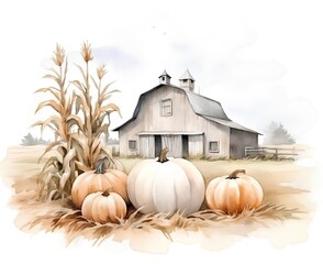 Watercolor illustration of a barn with pumpkins and corn field.