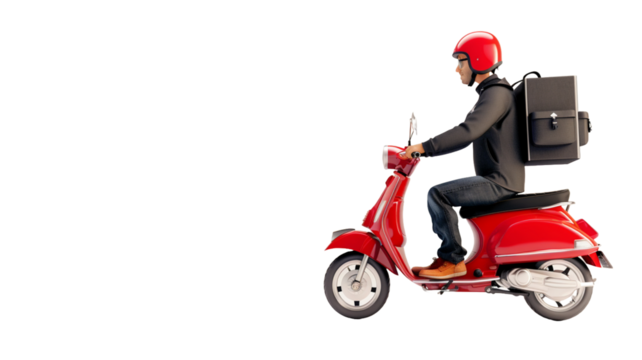 Moto scooter driver with backpack behind back is on his way to deliver food. Courier on scooter delivering food on transparent background.
