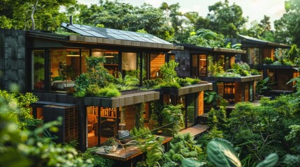 A house with an abundance of plants growing on its roof, creating a green and eco-friendly rooftop
