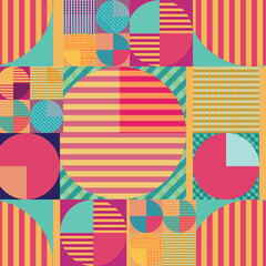 Vibrant geometric seamless pattern featuring circles and squares in shades of pink red orange and aqua on an azure background. Abstract colorful design for textile prints