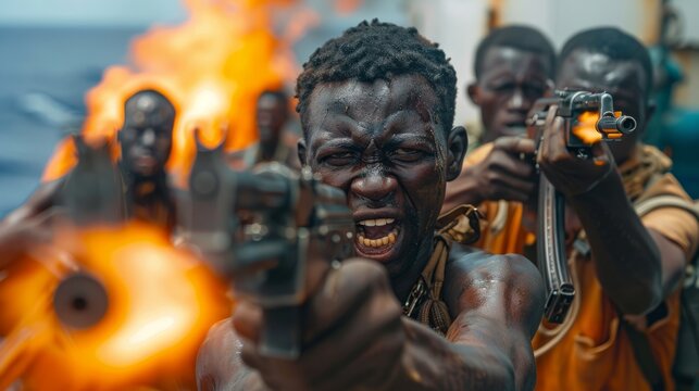 Armed to the teeth, African pirates shout orders on a commandeered vessel, igniting an eerie scene of disorder.