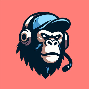 Gorilla as Gamer, Cute Character Mascot Logo Design Concept, Wearing Headphones and Hold Game Controller, Cartoon Clipart Vector illustration concept style for badge sport and esport team.