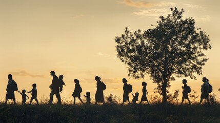 Silhouettes of a multi-generational family walking together during a golden sunset