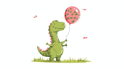 Dinosaur holding a balloon - green dinosaur Hand drawn