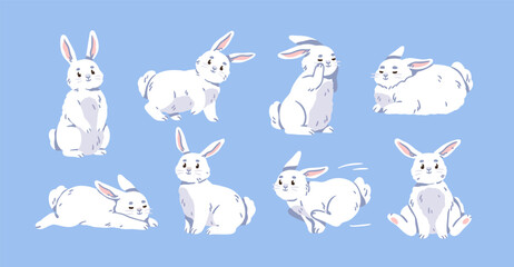 Fototapeta premium Cute bunnies set. Easter rabbit characters. Happy adorable funny kawaii baby animals, hares, jumping, walking, lying, running and sitting poses. Isolated kids childish flat vector illustrations