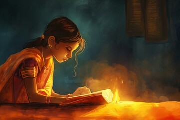 Illustration of a young girl reading a book intently under the warm glow of candlelight