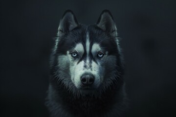 Portrait of a beautiful siberian husky dog on a dark background
