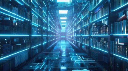 Abstract Virtual Database Server Room, Long Neon Corridor Or Sci-Fi Tunnel, Blue Background. Hi-Tech Innovations And Future Internet Concept. Futuristic Cyberspace With Light Rays. Collage
