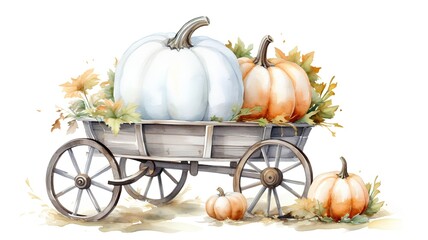 Watercolor illustration of a wooden cart with pumpkins and autumn leaves