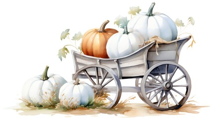 Watercolor illustration of a wooden cart with pumpkins on a white background