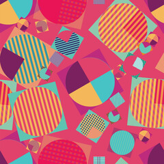 Vibrant geometric seamless pattern featuring circles and squares abstract background. This colorful design is perfect for textile prints or art projects - 791396889