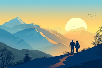 Silhouette of an couple hiking together in the mountains against a beautiful sunset backdrop
