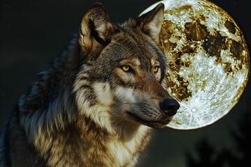 Wolf in front of the full moon,  Close-up portrait